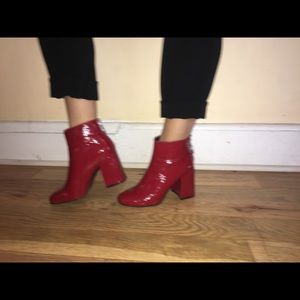 Red leather chunky heel booties forever 21